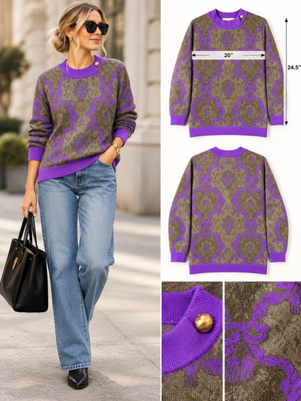 VTG 80s Colleorosa Made in Italy 100% Merino Wool Jacquard Ribbon Sweater M